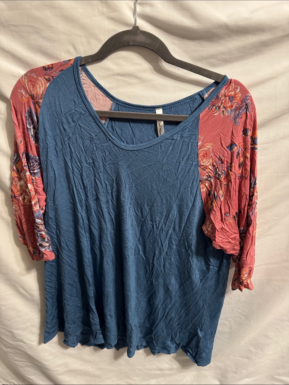 Blue Scoop Neck Top with Rose Floral Raglan Sleeves